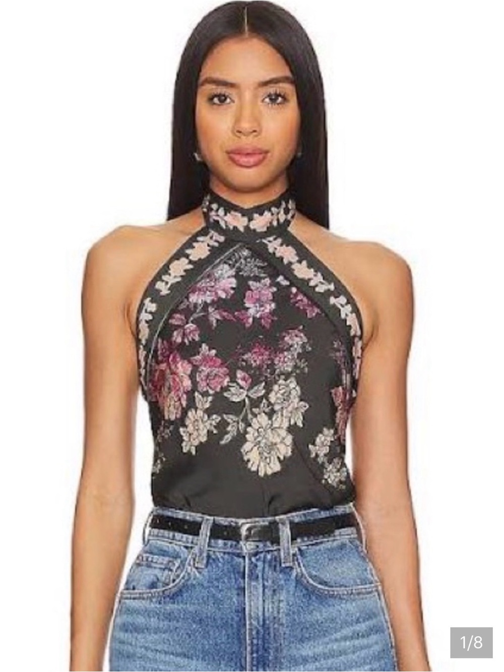 Free People Black Halter Bodysuit with Pink & Cream Floral